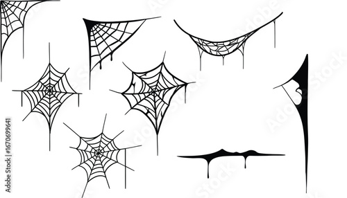 Set of detailed vector spider webs and corners for Halloween and spooky decoration designs