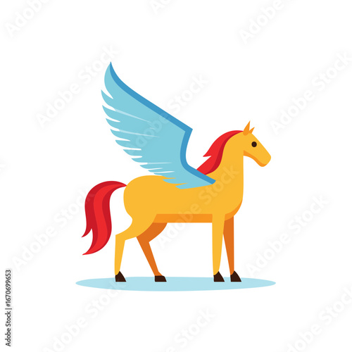 Stylized golden Pegasus horse with large blue wings and red mane and tail