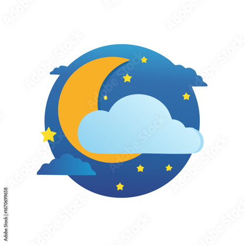 Stylized Crescent Moon with Clouds and Stars on a Dark Blue Gradient Sky