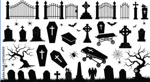 Halloween cemetery silhouette vector set with gates crosses tombstones coffins spiders bats and spooky trees