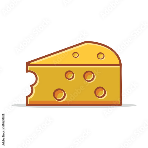 Yellow cheese slice with holes and a bite mark in a simplified flat illustration style