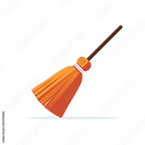 Orange broom with wooden handle casting a shadow, cartoon style