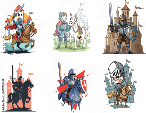 Set of Medieval Knights and Castles in Stylized Vector Scenes Featuring Armor, Horses, Swords, Shields, Flags, and Dramatic Backgrounds