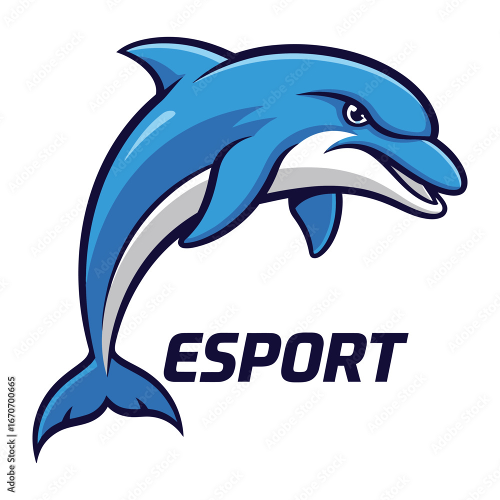 Fototapeta premium Esport Dolphin Logo: Dynamic illustration of a sleek, azure dolphin, emblematic of esports, featuring a strong, contemporary design.