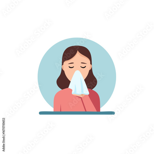 Woman with cold, flu, or allergy blowing her nose into tissue