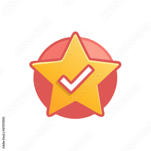 Golden star with checkmark, success symbol illustration on red circle