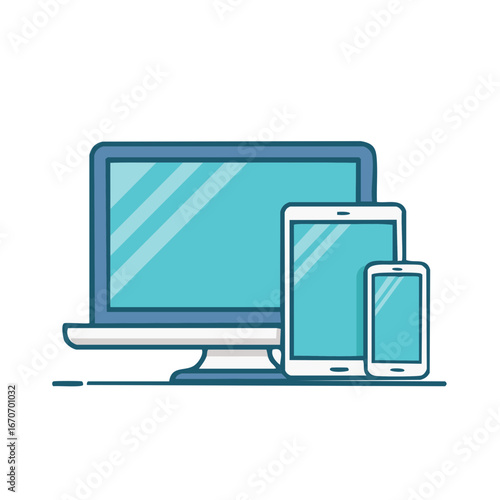 Illustration of a desktop computer, tablet, and smartphone with blue and white screens