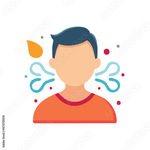 Allergy symptoms flat design icon person with leaf and sneezing