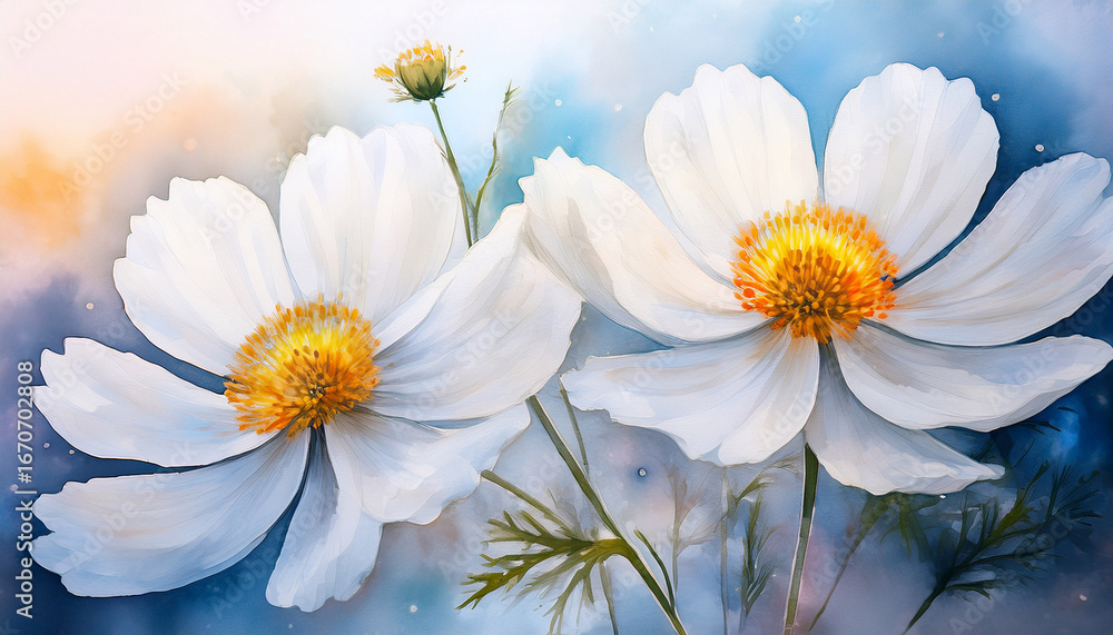 Obraz premium two white flowers with yellow centers set against a soft watercolor background exude natural beauty and tranquility