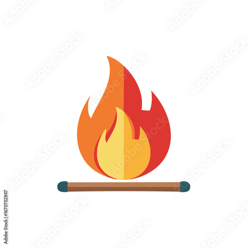 Vibrant red orange and yellow flame blazing brightly above a simple horizontal wooden stick icon