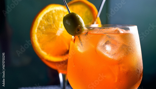 a close up of a vibrant orange aperol spritz cocktail with an orange slice and a green olive