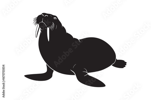 Silhouette of a walrus with tusks standing on a white background