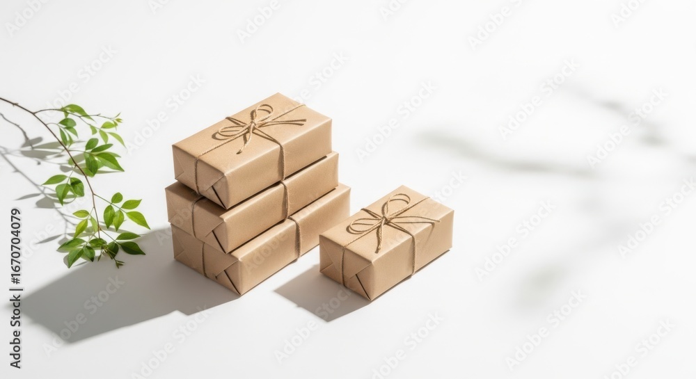 Fototapeta premium Wrapped Gifts Tied With String Presenting Natural Ambiance