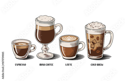 Four popular coffee drinks in colorful sketch style