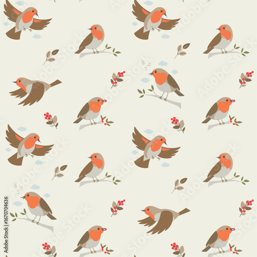 European Robin bird, leaves and seeds seamless pattern