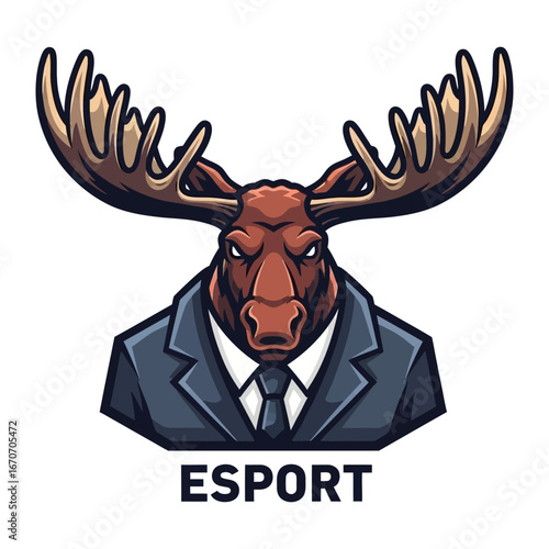 Esport Bull Moose Mascot : A fierce bull moose mascot, clad in a smart suit, ready to dominate the esports arena. This illustration captures the essence of competition and determination.