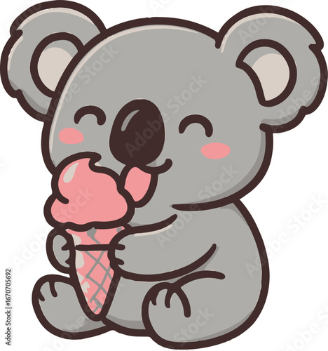 Cute cartoon koala eating pink ice cream in a cone animal