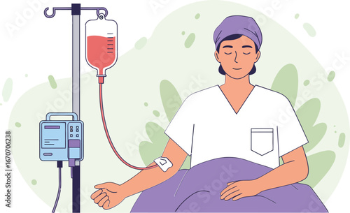 Patient receiving intravenous infusion with healthcare professional vector art in medical environment