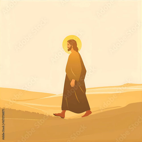Jesus walking through desert sands with a staff