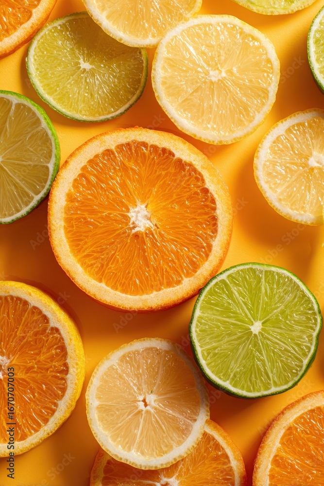 Obraz premium Vibrant Citrus Symphony: A colorful composition of sliced oranges, lemons, and limes. Captured in stunning detail and radiating freshness