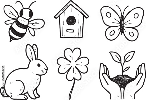 Hand-drawn nature icons of bee, birdhouse, butterfly, rabbit, clover, and plant insect shelter