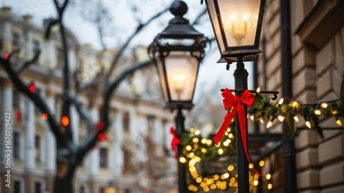 Decorative Street Lamps with Festive Red Ribbons and Christmas Garland in Urban Holiday Setting