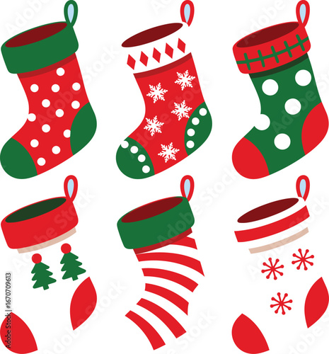 A colorful set of Christmas socks and stockings hangs as a festive holiday decoration, perfect for a winter gift