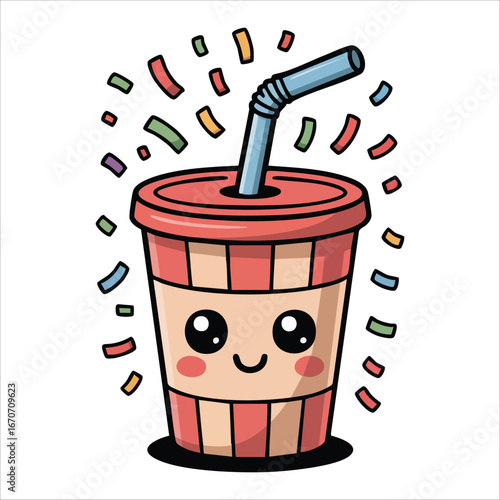 cheerful cola cup character with straw vector art isolated on white background
