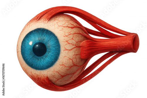 Realistic 3d rendering of a human eyeball showing eye muscles and blood vessels, isolated on transparent background