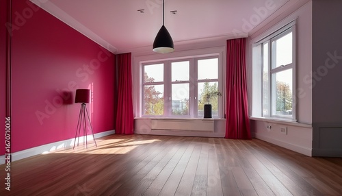 interior of a minimalist room featuring white and crimson walls a lamp wooden flooring windows and book themed decor