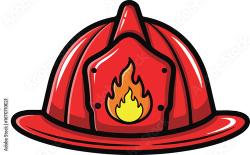 Bold Cartoon Firefighter Helmet with Flame Emblem Red and Black Outline.