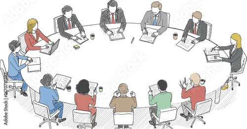 Group of business people sitting around round table having meeting and discussion vector illustration