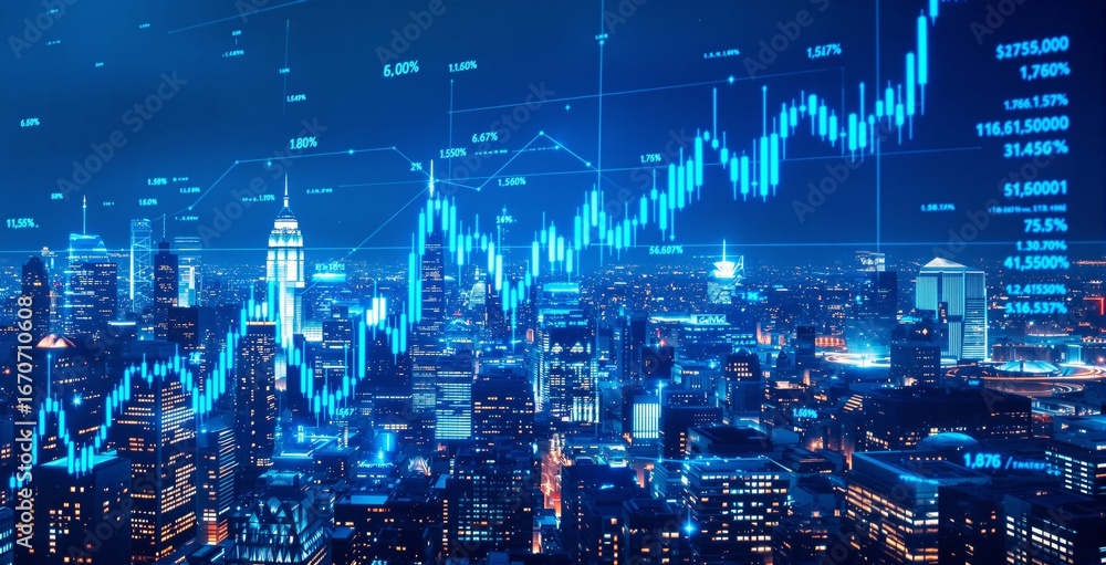 Naklejka premium Futuristic city skyline illuminated with glowing financial graphs and data charts representing economic growth and digital business analytics concept. Ai generative