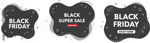 Black Friday sale promotional design with modern black abstract shapes and discount labels for marketing campaigns