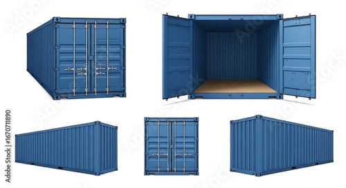 Collection of blue shipping containers in various views