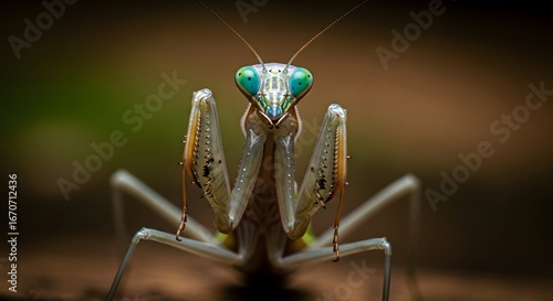 Close up portrait of a praying mantis with striking green eyes and intricate details