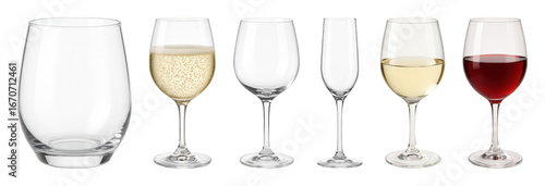 Glassware set including stemless, flute, and stemmed wine glasses, empty and filled with champagne, white, and red wine, isolated. Elegant barware collection.