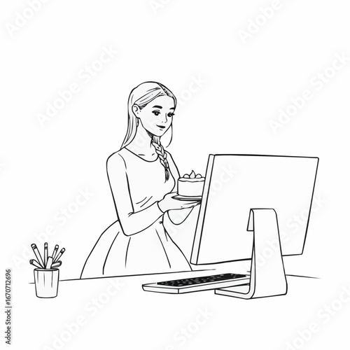 Woman holding cake while working at computer in minimalist office  