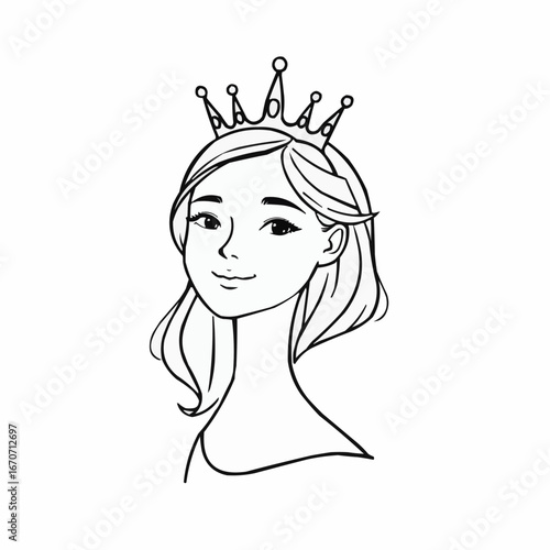 Young woman with crown smiling in a minimalist line drawing  