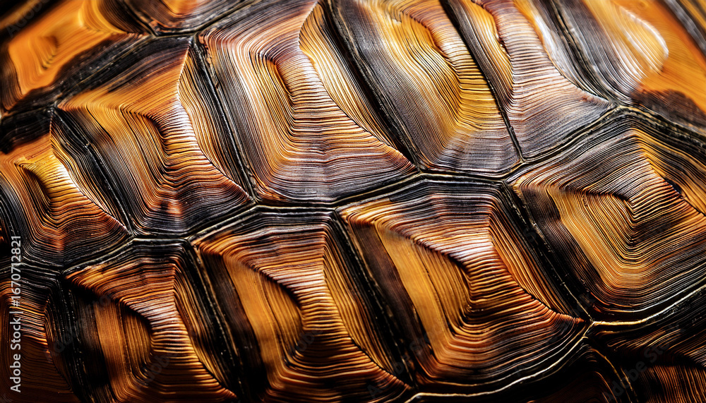 Obraz premium extreme close up of a tortoise shell showing intricate textured scales with earthy brown and golden tones highlights naturers patterns and is ideal for biological natural or abstract design uses