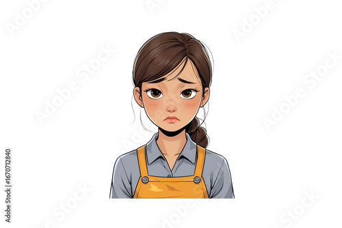 worried young woman with brown hair in yellow overalls, no background