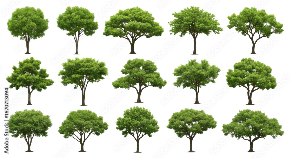 Fototapeta premium Collection of fifteen different trees with green leaves isolated on transparent background