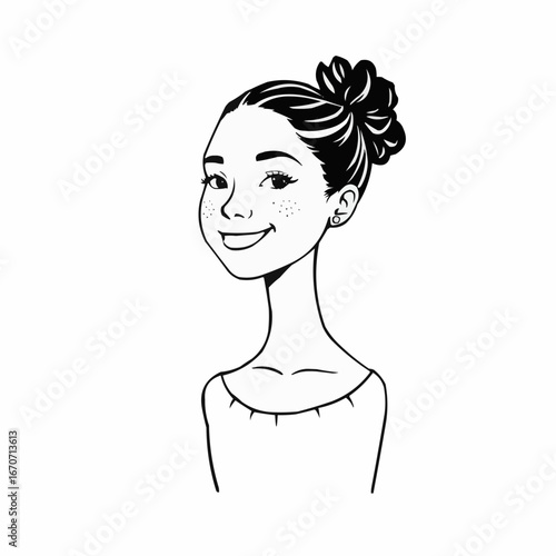 Young girl smiling with bun hairstyle in black and white illustration  