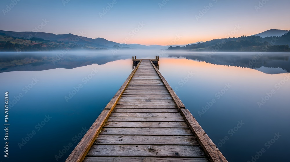 Naklejka premium A tranquil wooden pier extends into a serene lake reflecting a hazy mountain range at sunrise.