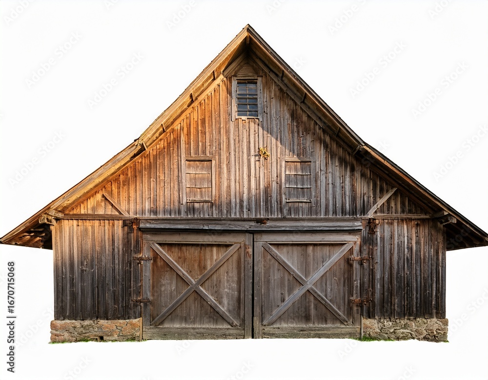 Naklejka premium a weathered wooden barn with a gambrel roof and double doors isolated against a white background view