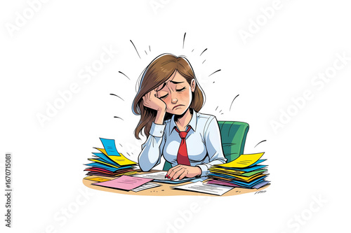 a woman at a desk, the design shows stress, in the illustration, there is also color pencils, set on a transparent background