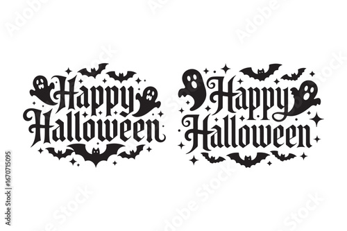 Spooky happy halloween text with ghosts and bats