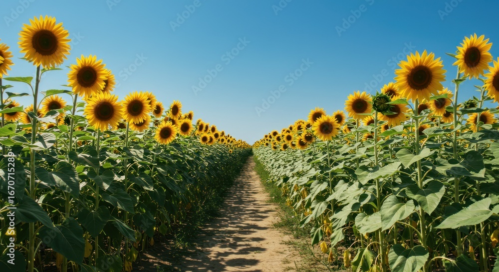 Obraz premium A picturesque dirt path winding through an expansive field of vibrant yellow sunflowers basking under a clear blue summer sky, symbolizing growth and natural beauty