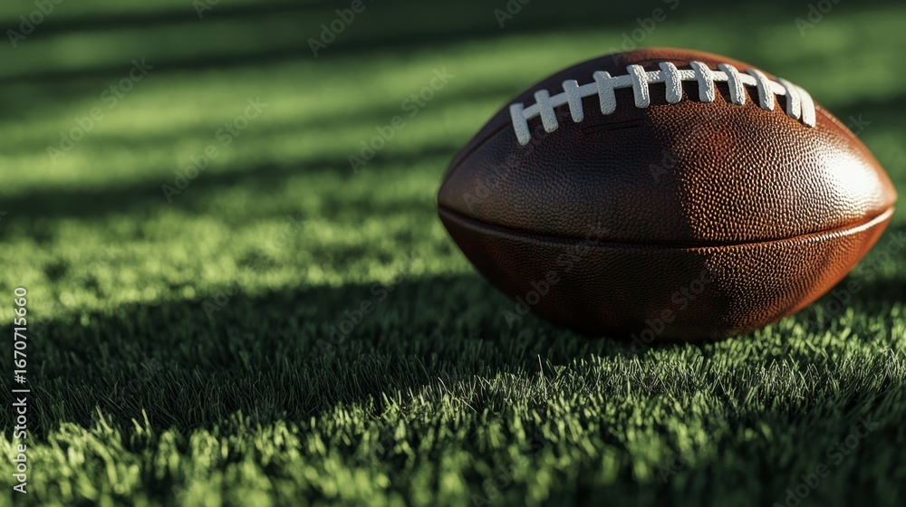 Obraz premium Closeup of an american football on a green field sports action outdoor environment ground level view for enhanced detail and seo impact