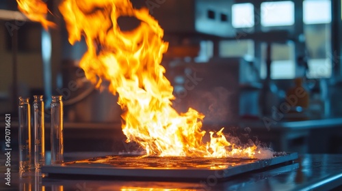Controlled laboratory fire demonstrating combustion science lab educational content experimental environment close-up view fire behavior analysis